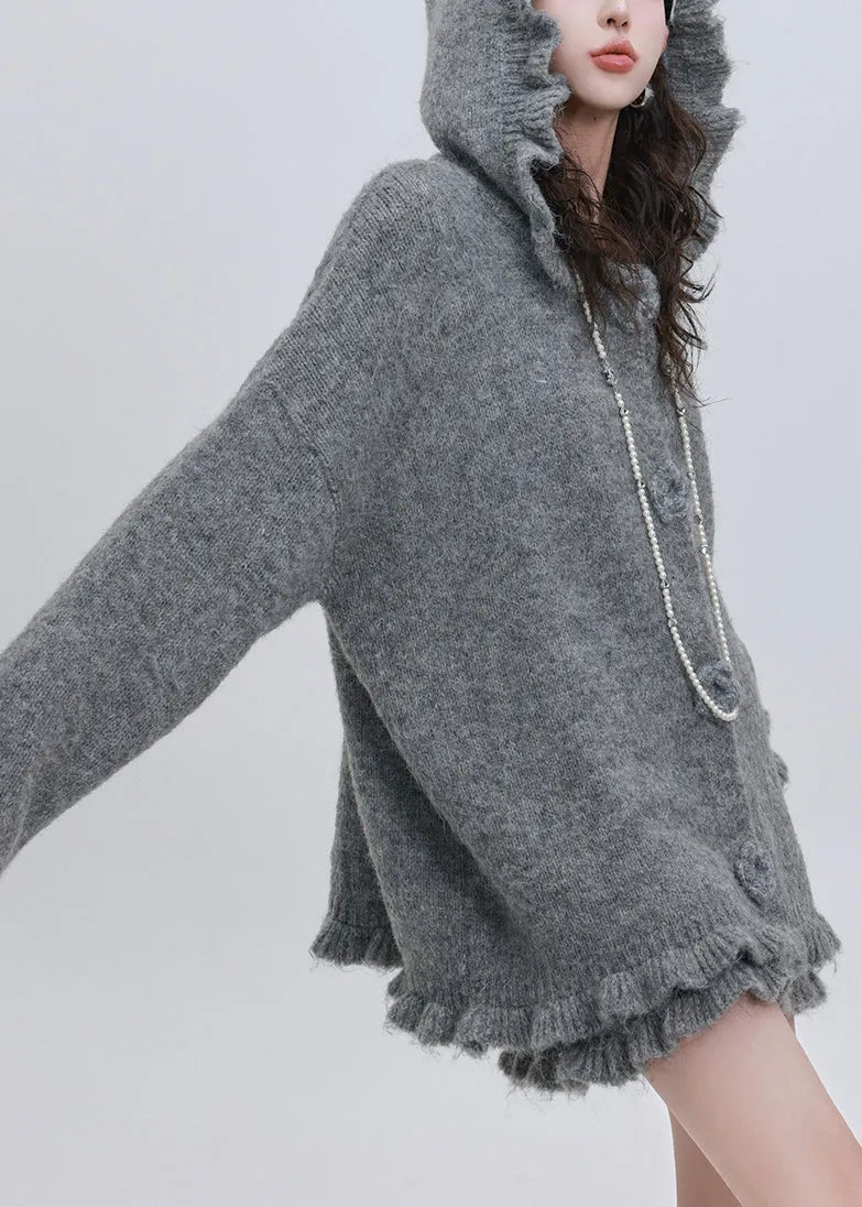 Grey Cotton Knit Hooded Cardigan and Skirts Two Pieces Set Puff Sleeve