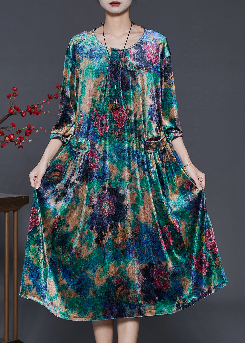 Green Oversized Tie Dye Silk Velvet Dresses Summer