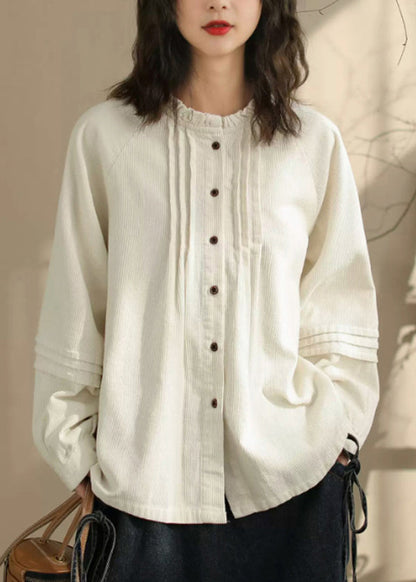 Beige Button Wrinkled Corduroy Blouses Spring