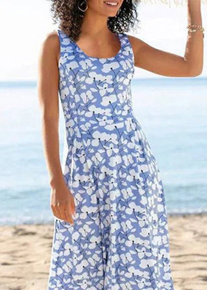 Khaki O Neck Print Cotton Vacation Dresses Sleeveless