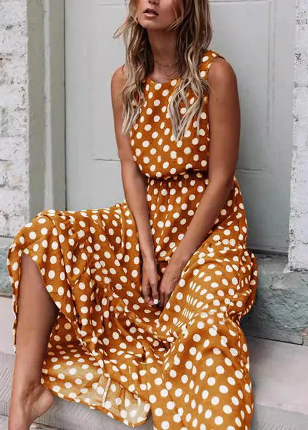 Coffee O Neck Dot Print Cotton Dresses Sleeveless