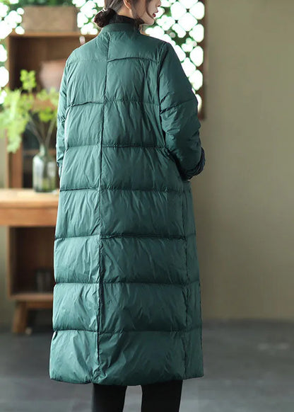 Green Stand Collar Button Pockets Patchwork Winter Down Coat