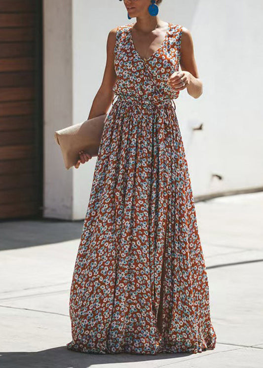 French Rust V Neck Print Wrinkled Cotton Dresses Sleeveless