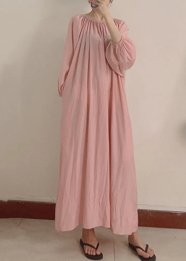 Pink Wrinkled Pockets Maxi Dress Long Sleeve