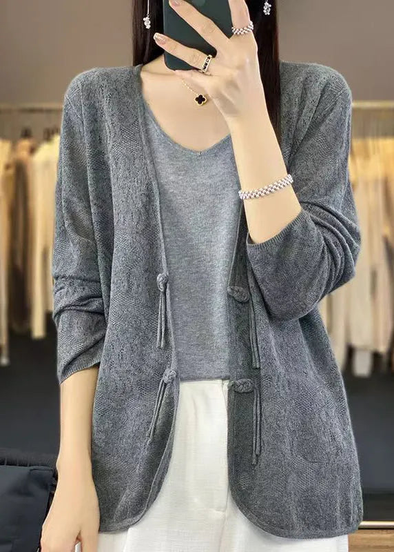 Grey Cozy Knit Cardigans V Neck Long Sleeve