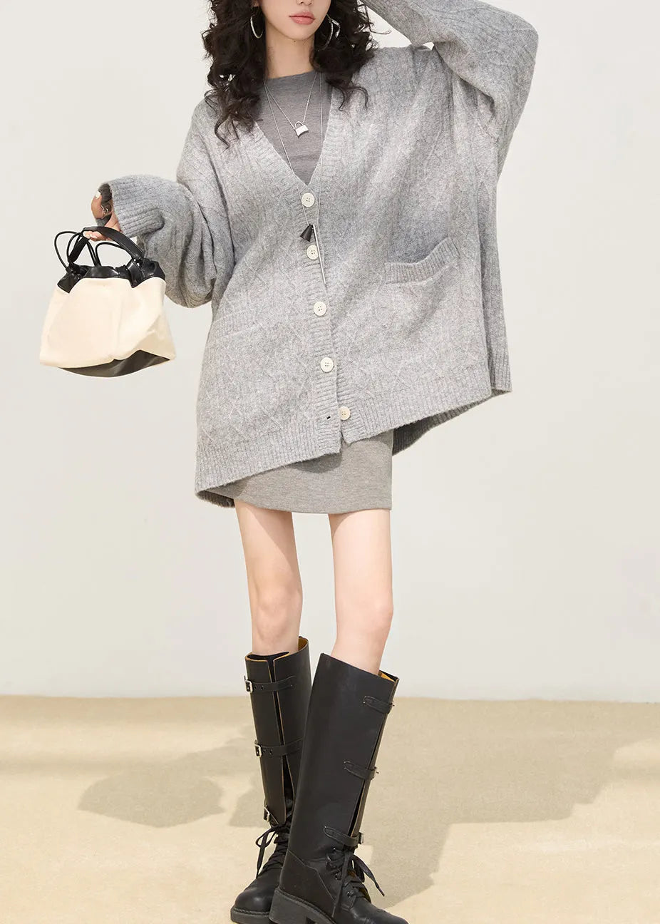 Cozy Grey Oversized Button Down Knit Cardigan Winter