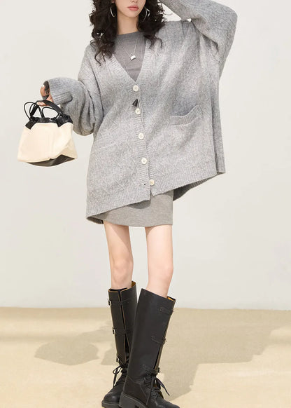 Cozy Grey Oversized Button Down Knit Cardigan Winter