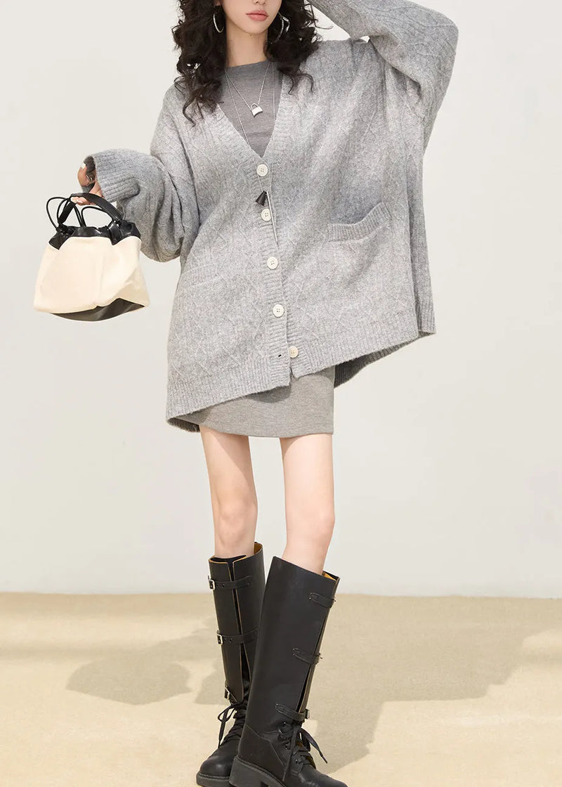 Cozy Grey Oversized Button Down Knit Cardigan Winter
