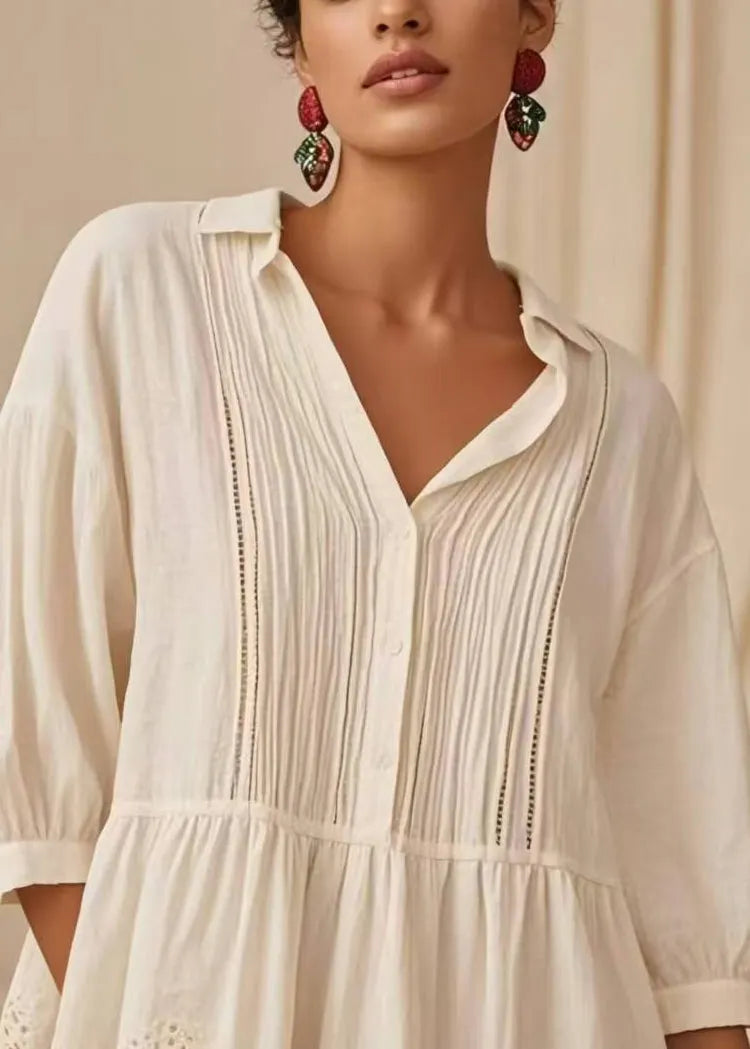 Style White Oversized Wrinkled Hollow Out Blouse Tops Half Sleeve
