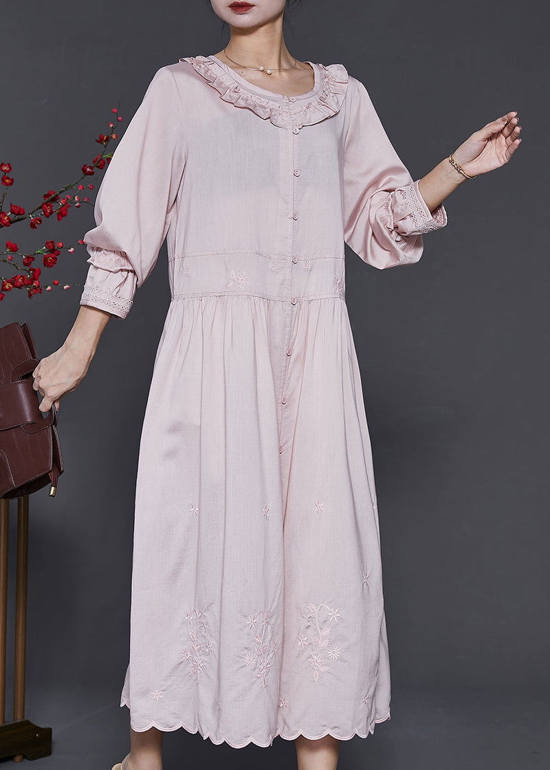 Style Pink Ruffled Embroidered Cotton Shirt Dress Spring