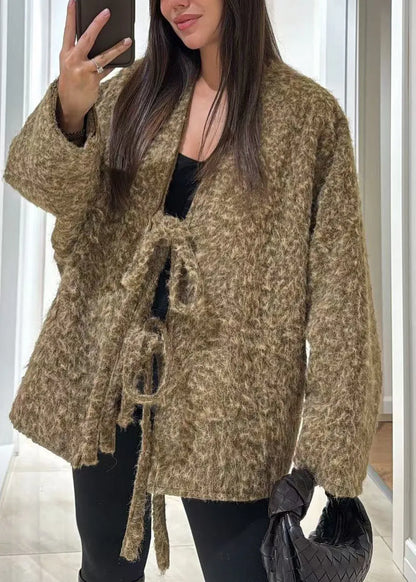 Boutique Mulberry V Neck Lace Up Woolen Coat Fall