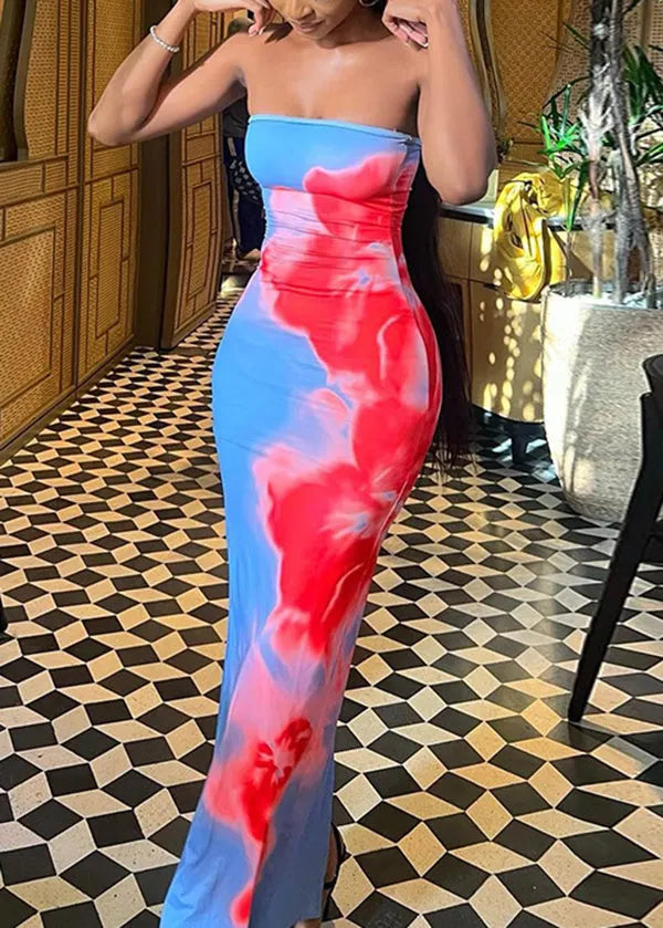 Printed One Shoulder Strapless Dress