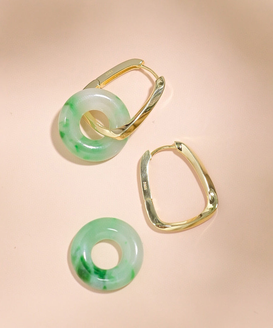 Green Sterling Silver Overgild Jade Hoop Earrings
