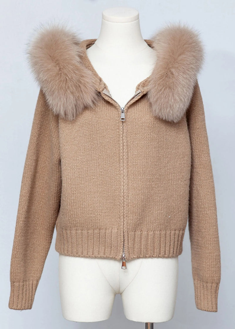 Coffee Zippered Patchwork Knit Fall Coats Hooded