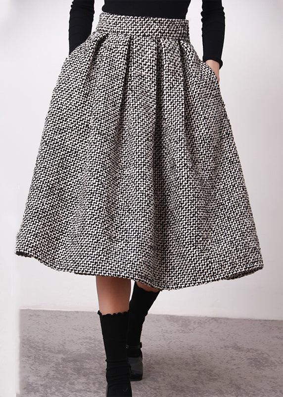 Simple Black White Plaid High Waist Woolen a Line Skirts Spring