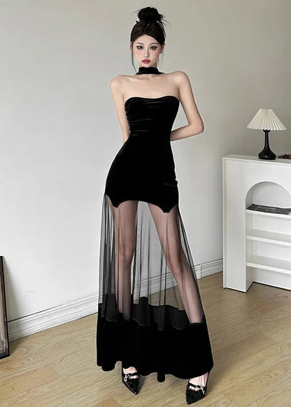 Original Design Black Cold Shoulder Backless Patchwor Tulle Maxi Dress Summer