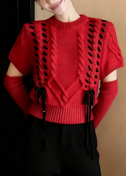 Red Warm Cable Knit Sweater Half Sleeve