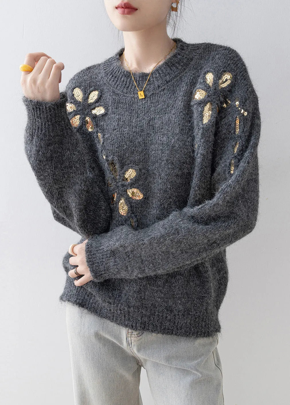 Fitted Grey O Neck Sequins Loose Knit Sweaters Spring