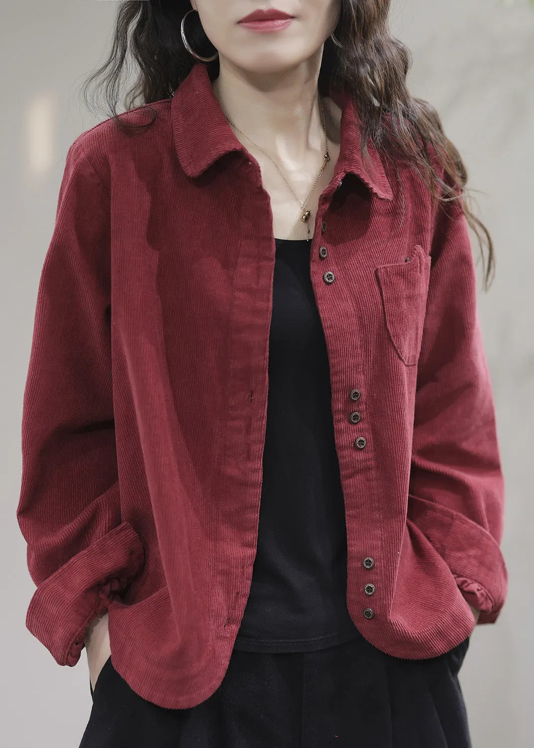 Red Pockets Button Corduroy Coat Spring