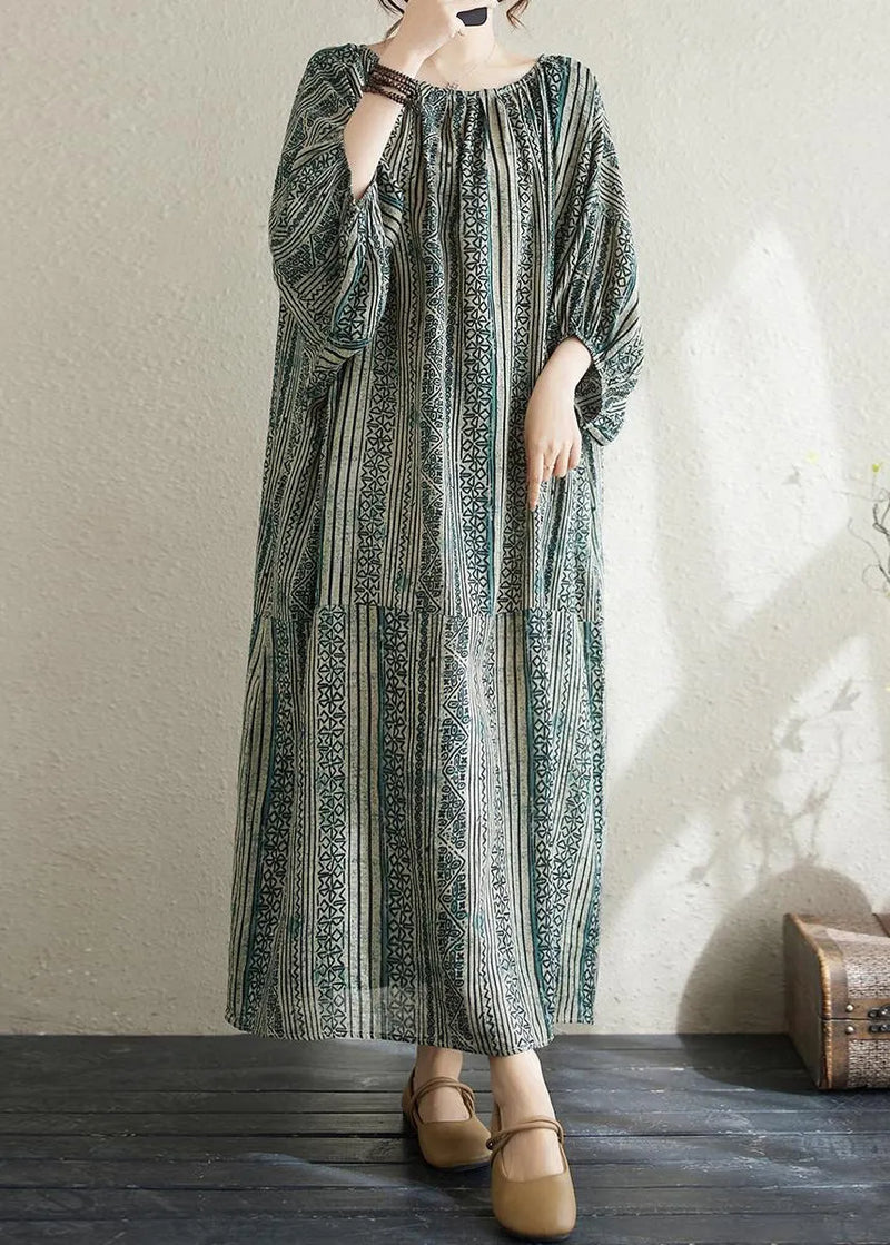 Loose Green O Neck Striped Cotton Long Dress Summer