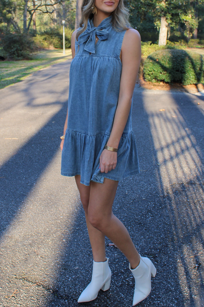 Street Color Lace Up Ruffle Bow Decor Sleeveless Loose Denim Dresses