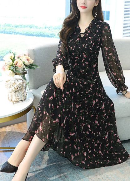 Black Ruffled Print Chiffon Long Dress Spring