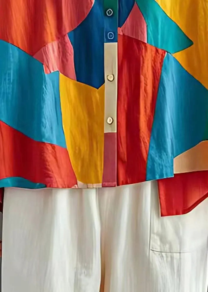 Colorblock Oversized Patchwork Linen Tops Summer