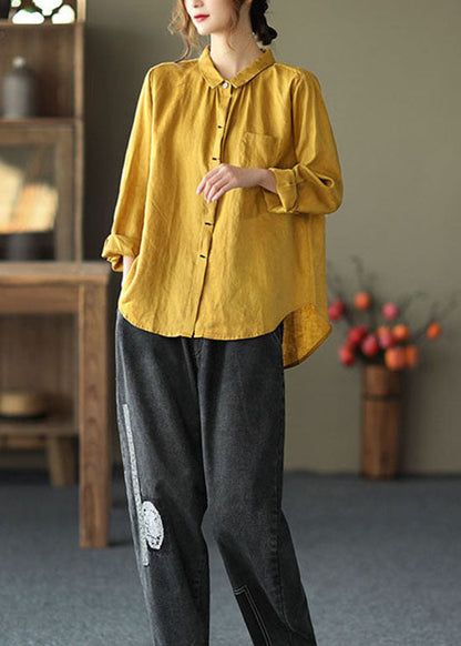 Yellow Peter Pan Collar Patchwork Linen Shirts Top Long Sleeve