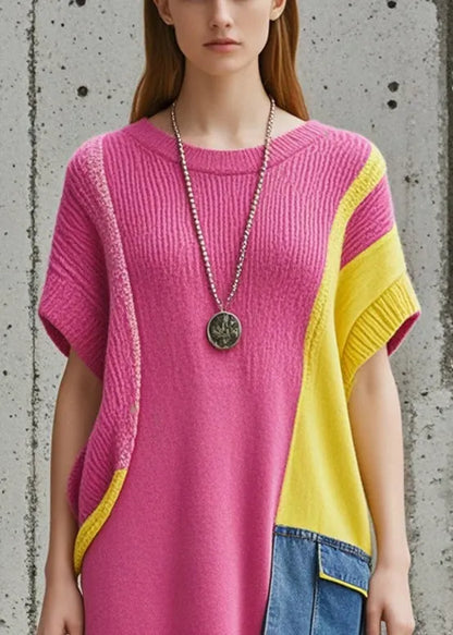 Unique Rose Oversized Patchwork Denim Knitwear Dress Short Sleeve
