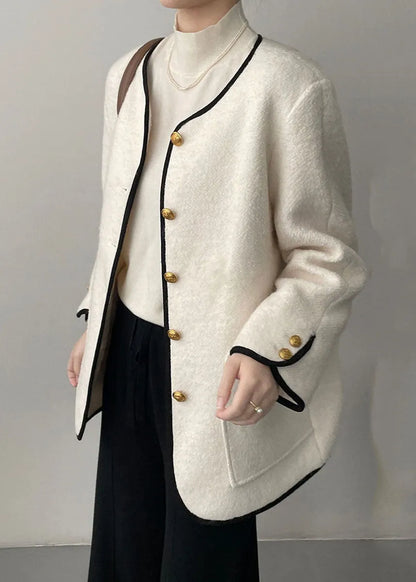 White Pockets Patchwork Woolen Coat Long Sleeve