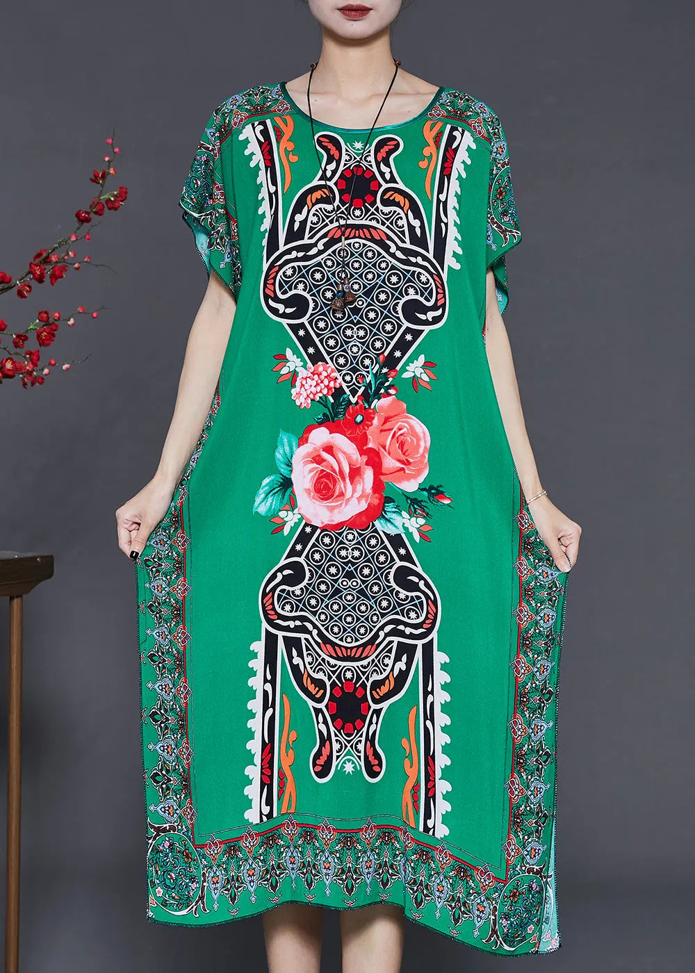 Natural Green Oversized Print Chiffon Maxi Dresses Summer
