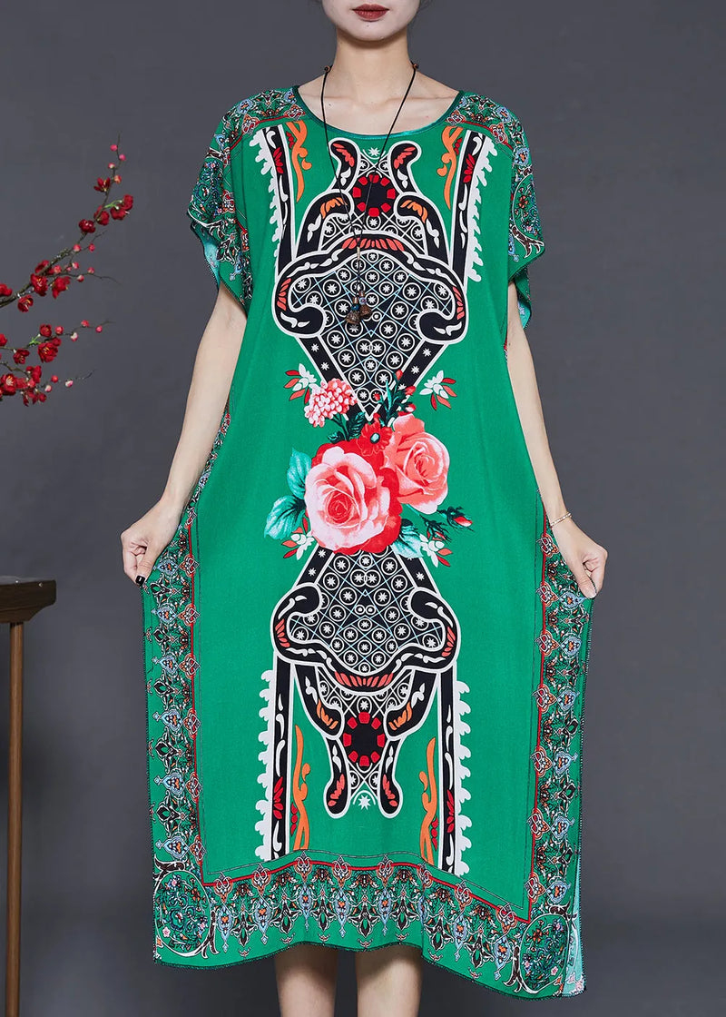 Natural Green Oversized Print Chiffon Maxi Dresses Summer