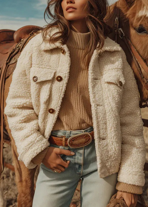 New White Peter Pan Collar Button Faux Fur Coat Winter