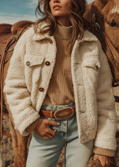 New White Peter Pan Collar Button Faux Fur Coat Winter
