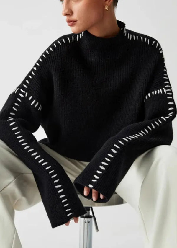 European and American Style Black O Neck Patchwork Knit Sweater Tops Spring