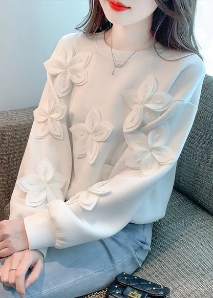 New White Patchwork Cotton T Shirt Fall
