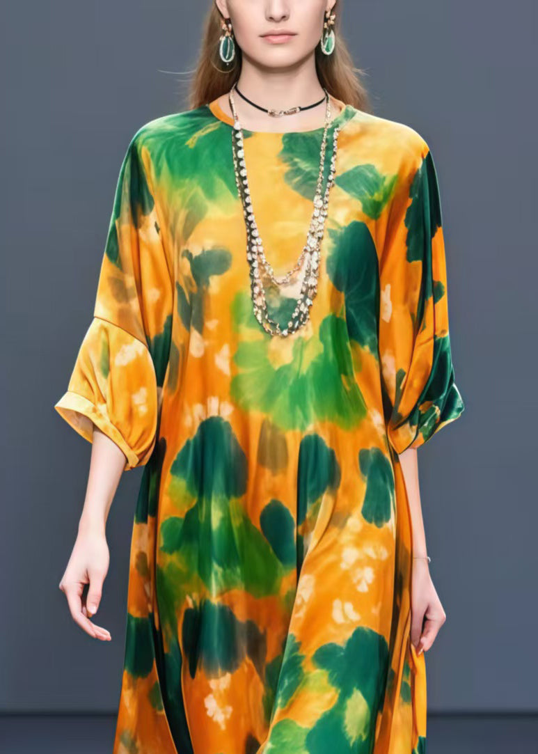 Orange Oversized Leaf Print Chiffon Dress Half Sleeve