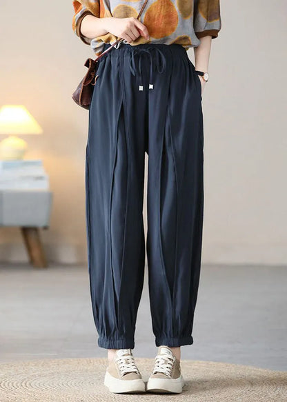 Navy Elastic Waist Drawstring Pockets Silk Harem Pants Fall