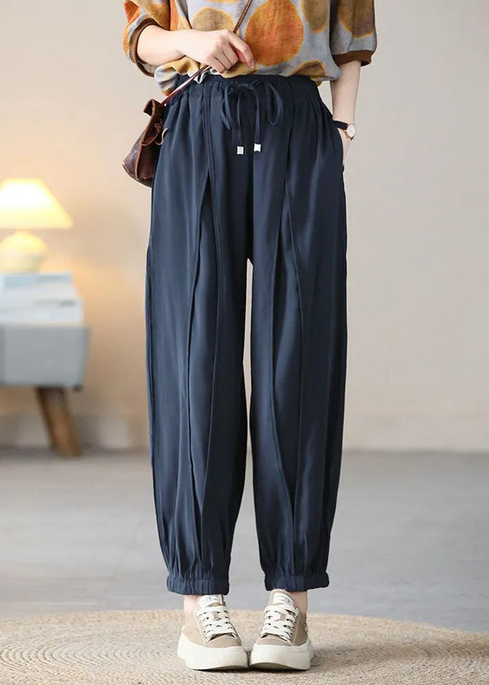 Navy Elastic Waist Drawstring Pockets Silk Harem Pants Fall