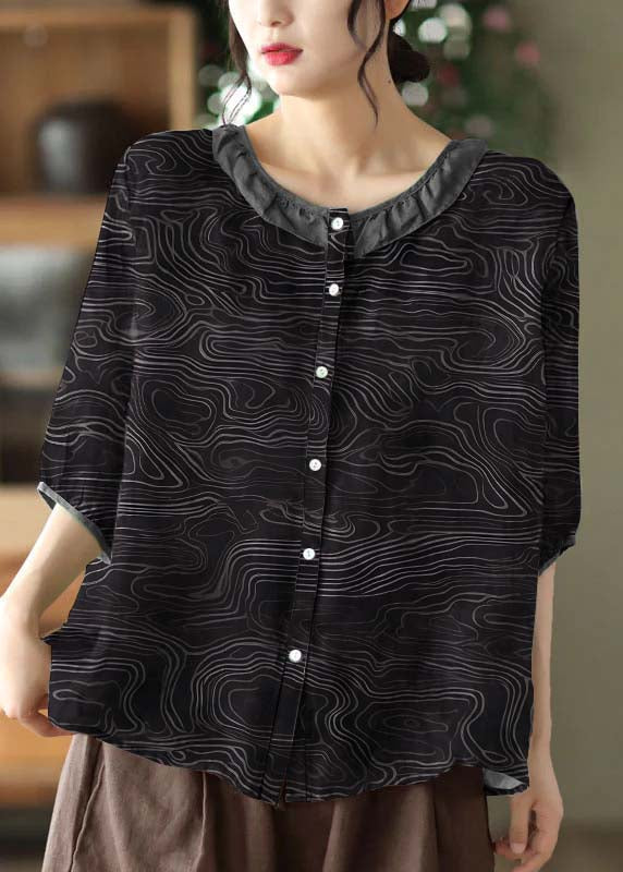 Simple Reddish Black O Neck Patchwork Print Linen Shirt Tops Half Sleeve