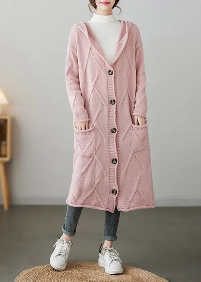 Pink Pockets Button Patchwork Loose Knit Cardigan Hooded Fall