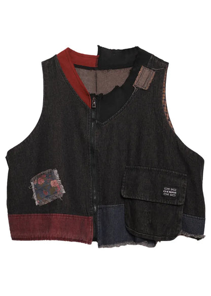 Black O-neck Print Pockets Denim Waistcoat Sleeveless