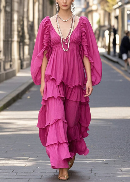 Rose V Neck Layered Cotton Ankle Dress Batwing Sleeve