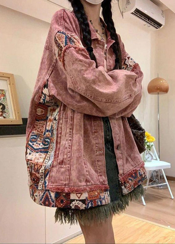 Pink Peter Pan Collar Button Patchwork Denim Coat Spring