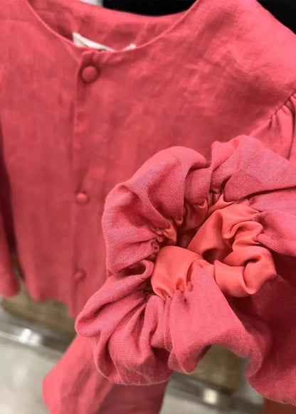 Simple Red Button O-neck Patchwork Cotton Shirts Puff Sleeve