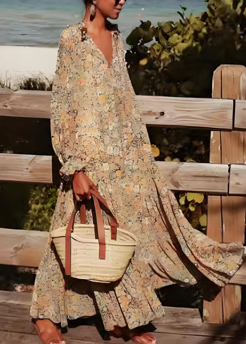 Khaki Ruffled Print Patchwork Cotton Long Dress Spring