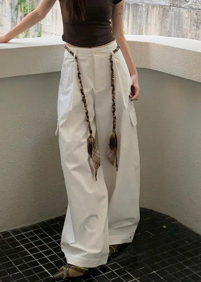 White Pockets High Waist Cotton Wide Leg Pants Fall
