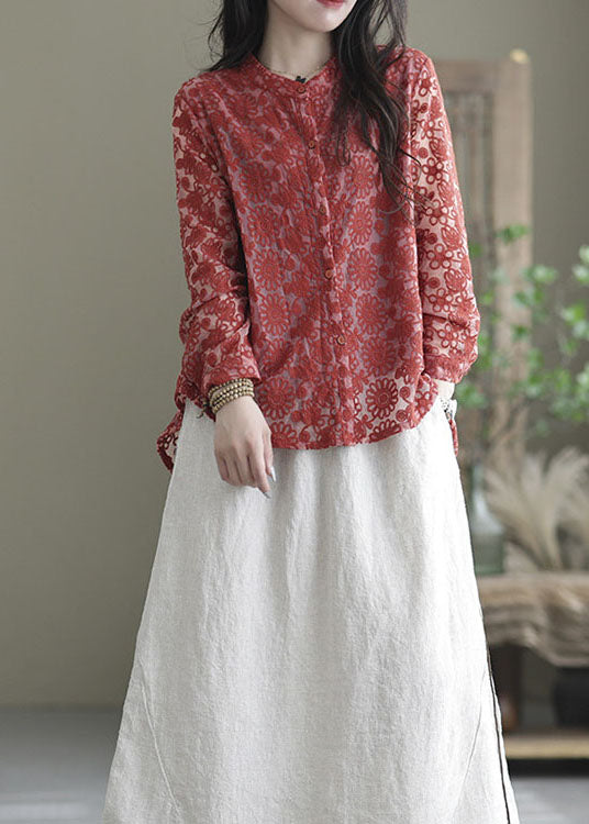 Organic Red O-neck Embroidered Lace Shirt Tops Spring