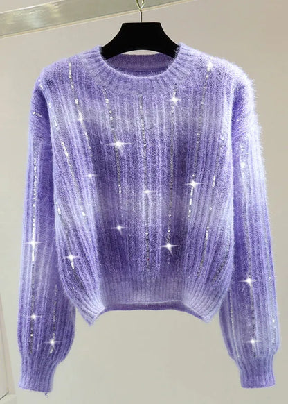 Modern Purple O-neck Sequins Cotton Knit Sweater Winter