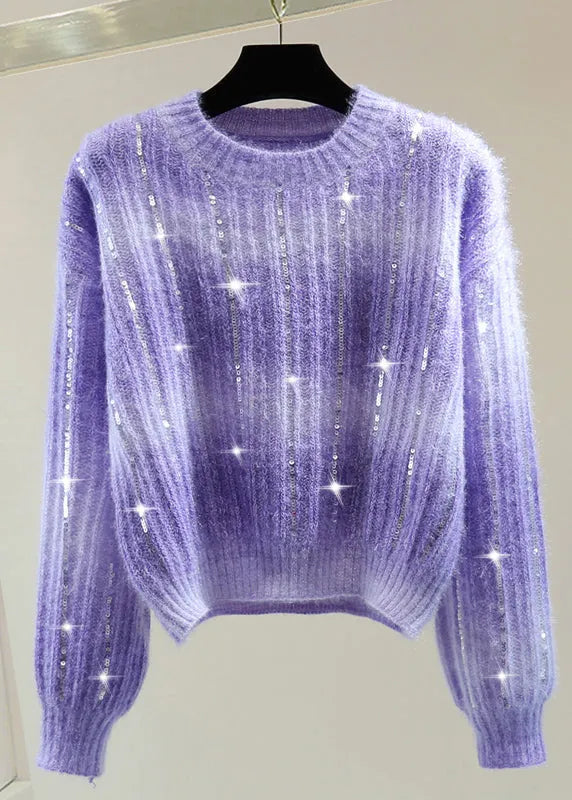 Modern Purple O-neck Sequins Cotton Knit Sweater Winter